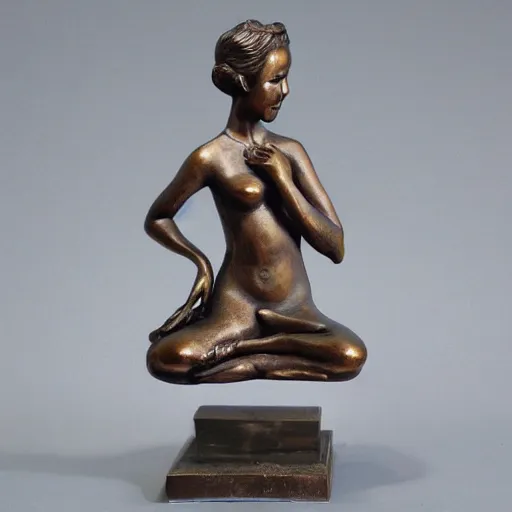 Prompt: realistic bronze statue woman holding lotus flower