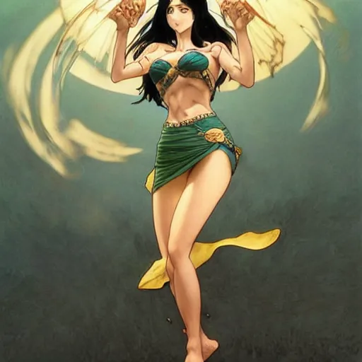 Image similar to highly detailed vfx portrait of nico robin by eiichiro oda!, makoto shinkai, alphonse mucha, sharp focus, art by artgerm and greg rutkowski!, backlit, harsh overhead sunlight, blue eyes!!, large aquiline nose!!, stanley kybric, kaoru mori, shadows, best of behance,