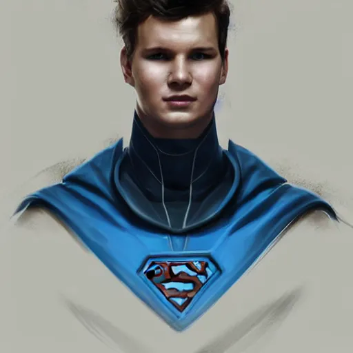 Image similar to portrait of a superhero by greg rutkowski, he looks like ansel elgort, he is wearing a blue and white kevlar gear with a cape, highly detailed portrait, digital painting, artstation, concept art, smooth, sharp foccus ilustration, artstation hq