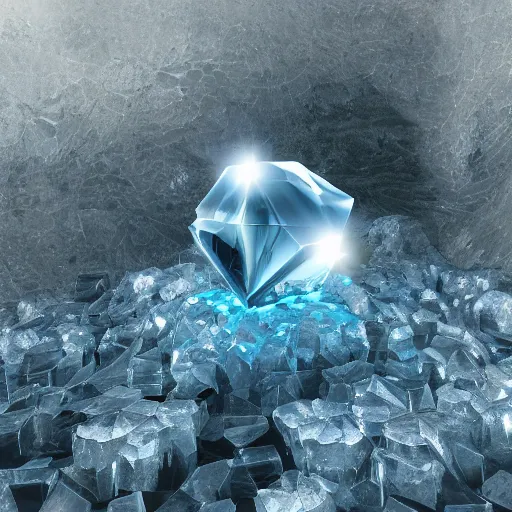 Image similar to subtle glowing crystal, 3d render, resting on the ground of a cerulean cave, walls of ice and bone, realistic, anime inspired, high octant render, smooth lighting,