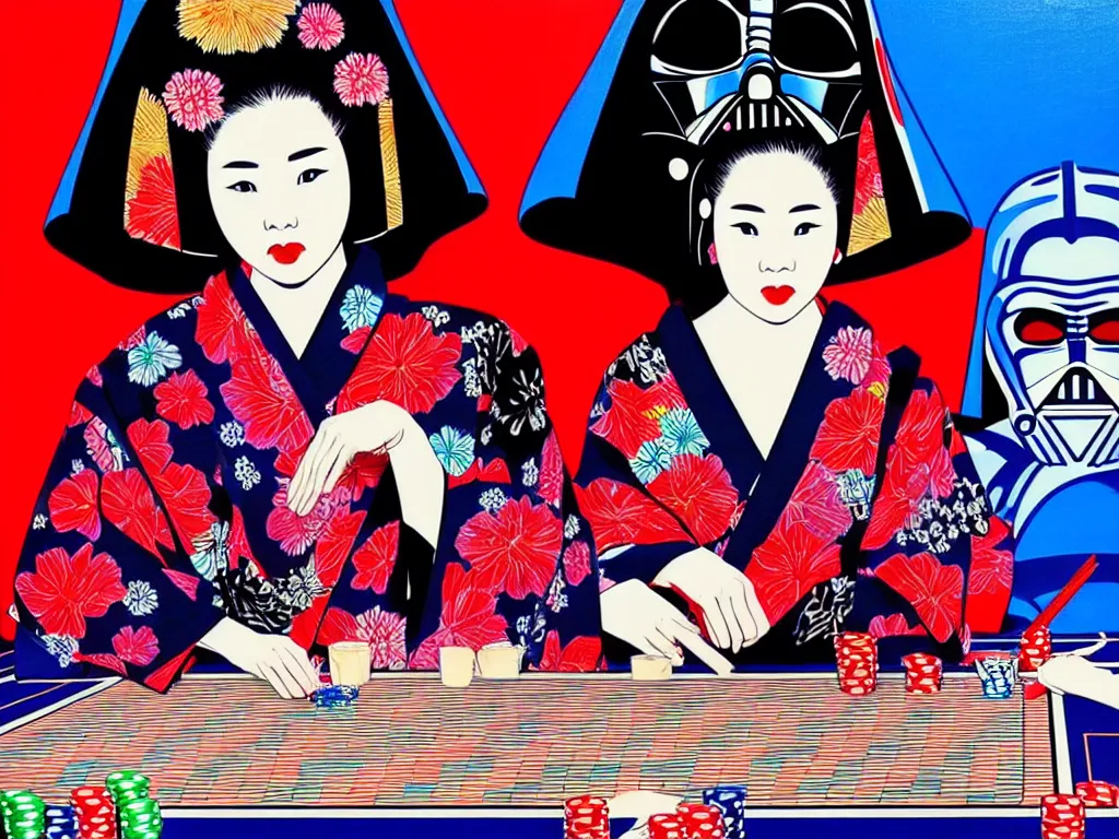 Image similar to hyperrealistic composition of the detailed woman in a japanese kimono sitting at a extremely detailed poker table with detailed darth vader, fireworks, mount fuji on the background, pop - art style, jacky tsai style, andy warhol style, acrylic on canvas