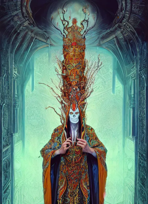 Prompt: slender high priest in a ornate heavy robe, eclesial headpiece, by james jean, karol bak, tomasz alen kopera, cgsociety and fenghua zhong, highly detailed, rim light, cinematic lighting, illustration, art, octane render, very coherent, cinematic, hyper realism, high detail, octane render, 8 k