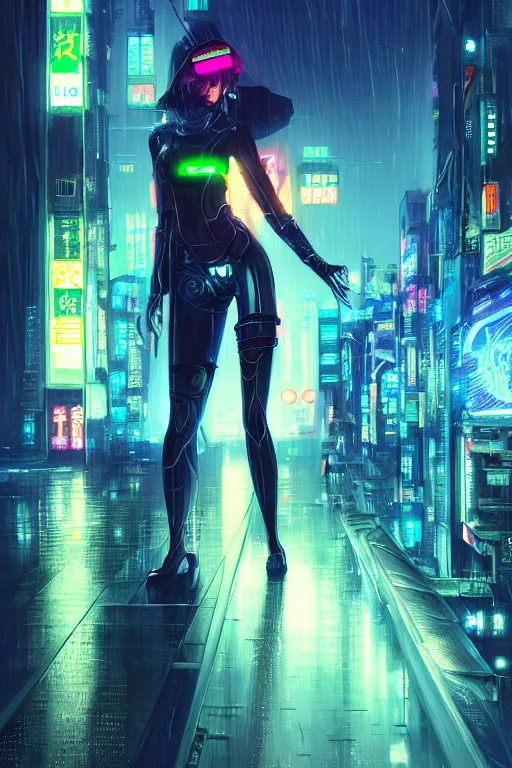 Image similar to portrait futuristic beautiful cyberpunk female police, in heavy rainning futuristic tokyo rooftop cyberpunk night, ssci-fi, fantasy, intricate, very very beautiful, elegant, neon light, highly detailed, digital painting, artstation, concept art, soft light, hdri, smooth, sharp focus, illustration, art by tian zi and craig mullins and WLOP and alphonse mucha