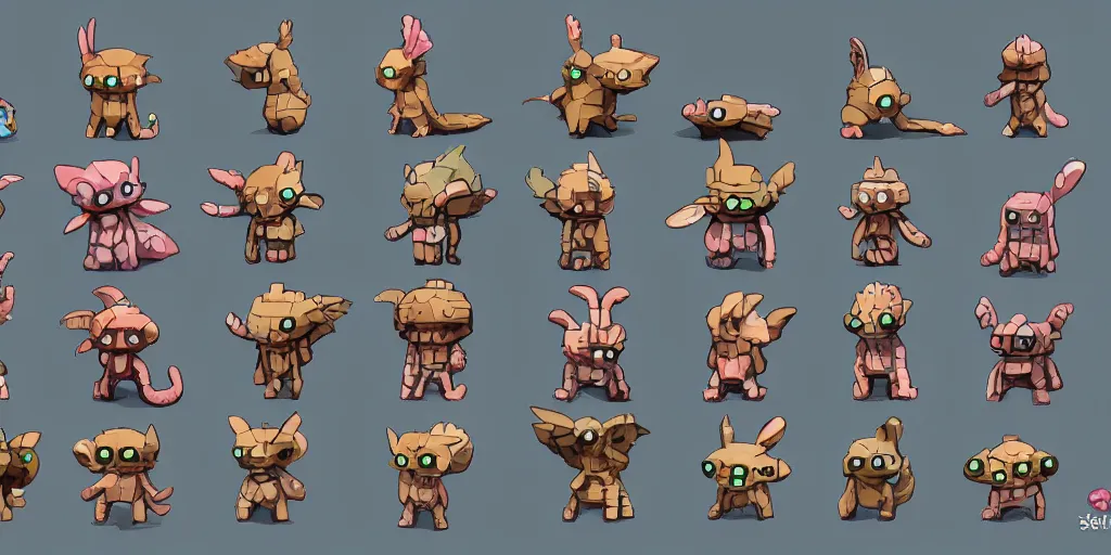 Image similar to small creatures called critters, made out of individual bricks. cute looking, kawaii, sharp focus, moebius, character sheet, game concept art, brush work