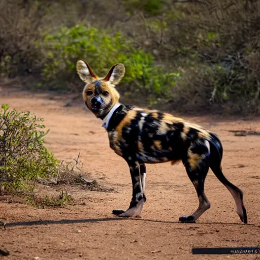 Image similar to A photo of the world's greatest showman: the african wild dog dressed in a hat!