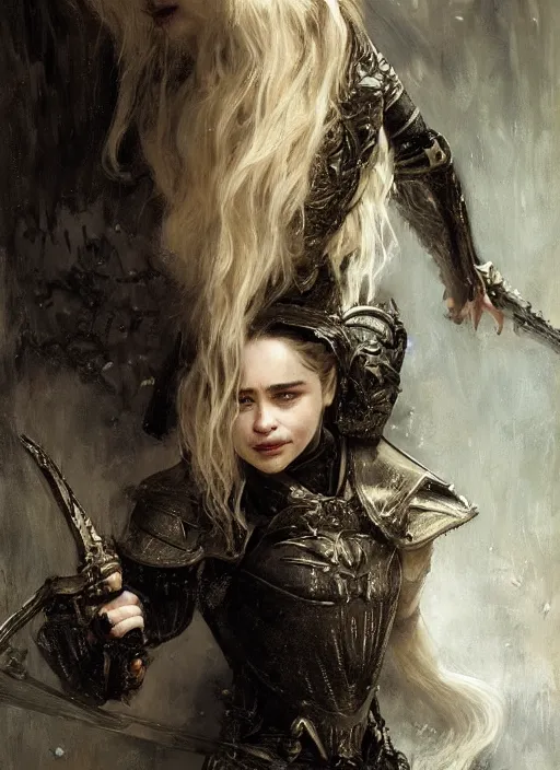 Prompt: young blonde vampire emilia clarke long fangs wearing black medieval armour, by gaston bussiere, bayard wu, greg rutkowski, giger, maxim verehin, greg rutkowski, masterpiece, sharp focus, cinematic lightning