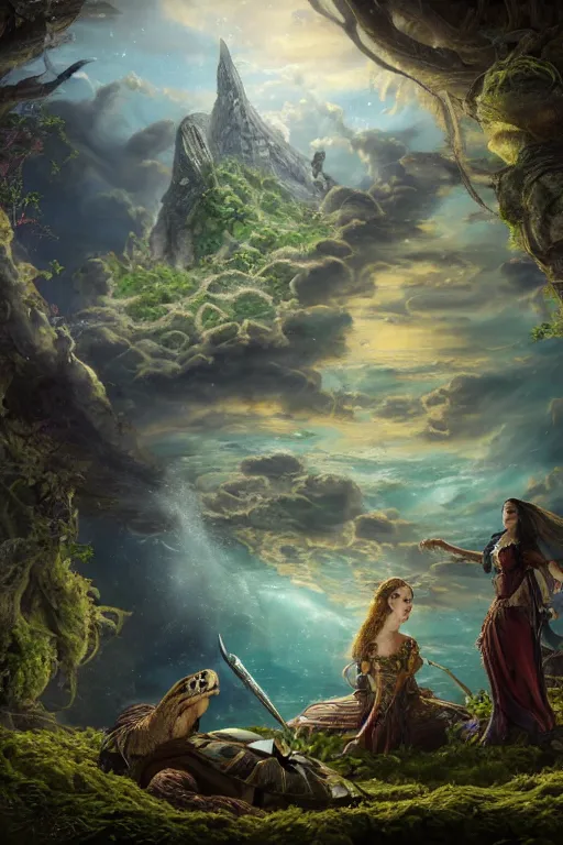 Image similar to A fantasy book style portrait painting of the Great Turtle Island at the center of the Universe, accompanied by a hybrid, Anya_Taylor-Joy, Cory Chase, Eva Green, as a Mystical Valkyrie, Anubis-Reptilian, Atlantean Warrior, François Boucher, Oil Painting, unreal 5, DAZ, hyperrealistic, octane render, Regal, Refined, Detailed Digital Art, RPG portrait, Walt Disney (1937), William-Adolphe Bouguereau, Michael Cheval, Steampunk, Volumetric Golden dappled dynamic lighting, Highly Detailed, Cinematic Lighting, Unreal Engine, HD, 8k, HD