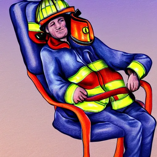 Image similar to Short firefighter asleep on blue reclining chair, digital art