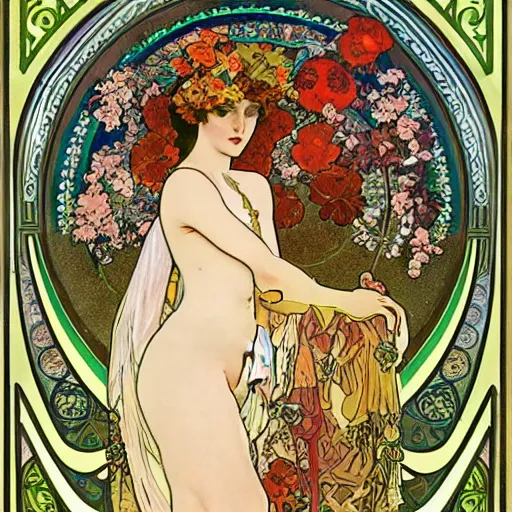 Image similar to persephone as goddess of the underworld and flowers, painted by alphonse mucha