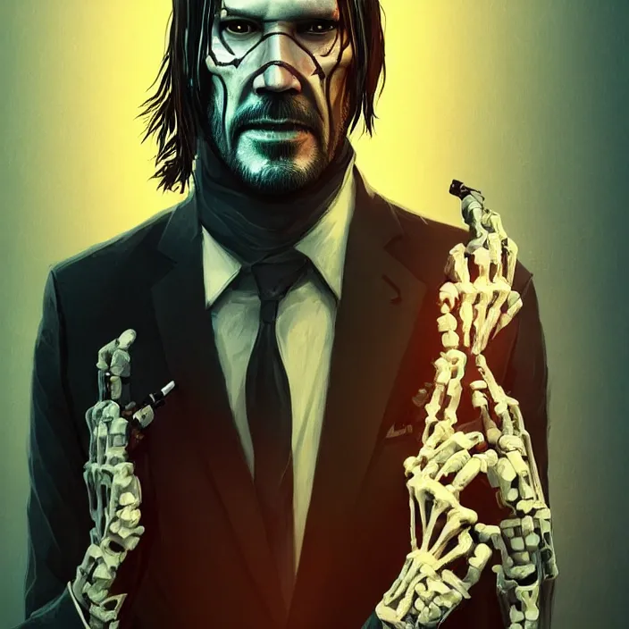 Image similar to portrait of john wick as skeleton. intricate abstract. intricate artwork. by Tooth Wu, wlop, beeple, dan mumford. octane render, trending on artstation, greg rutkowski very coherent symmetrical artwork. cinematic, hyper realism, high detail, octane render, 8k, iridescent accents