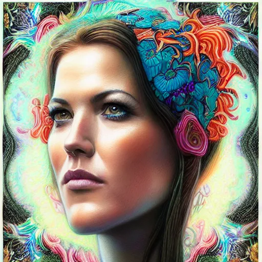 Image similar to portrait of danneel ackles, hyper detailed masterpiece, neon floral pattern, jean giraud, digital art painting, darkwave goth aesthetic, psychedelic, artgerm, donato giancola and tom bagshaw