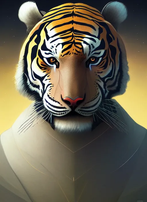 Image similar to symmetry!! portrait of a robot tiger, midsommar style, intricate, elegant, highly detailed, digital painting, artstation, concept art, smooth, sharp focus, illustration, art by artgerm and greg rutkowski and alphonse mucha, 8 k