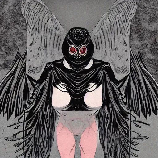 Image similar to mothman by Junji Ito and Satoshi Kon, post-processing, beautiful, scary, octane rendered, anime masterpiece, accurate