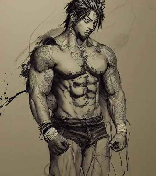 Image similar to portrait of anime zyzz, pen and ink, intricate line drawings, by craig mullins, ruan jia, kentaro miura, greg rutkowski, loundraw