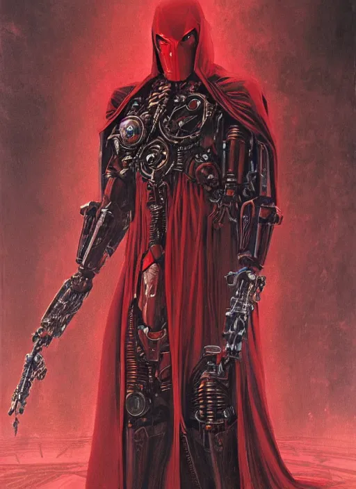 Prompt: portrait of human face adeptus mechanicus in red hood and robe from Warhammer 40000. Highly detailed, artstation, illustration by and John Blanche and zdislav beksinski and wayne barlowe