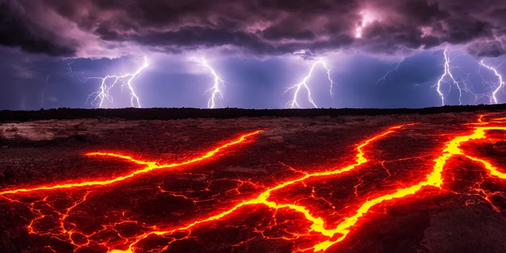 Prompt: Thunderstorm with lightning made out of lava, cinematic lighting, wide angle landscape photography, hyperrealistic, 8k
