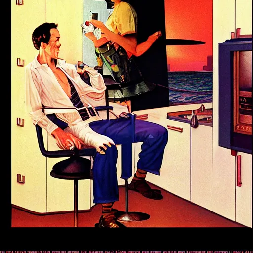 Prompt: Leisure suit Larry, 1993, by Norman Rockwell and Edward Hopper. film noir