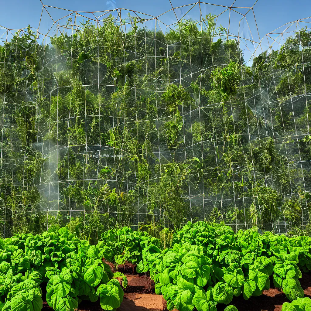 Image similar to terraformation project, permaculture, torus shaped electrostatic water condensation collector tower, irrigation system in the background, vertical vegetable gardens under shadecloth and hexagonal frames, in the middle of the desert, XF IQ4, 150MP, 50mm, F1.4, ISO 200, 1/160s, natural light