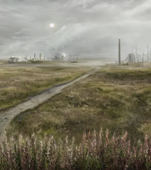 Prompt: andrei tarkovsky scene, a matte painting of a white stepped architecture in the mining tailings in the desert, biroremediation, prairie, cottage town, foggy, patchy flowers, oil painting, pale colors, high detail, 8 k, wide angle, trending on artstation, behance