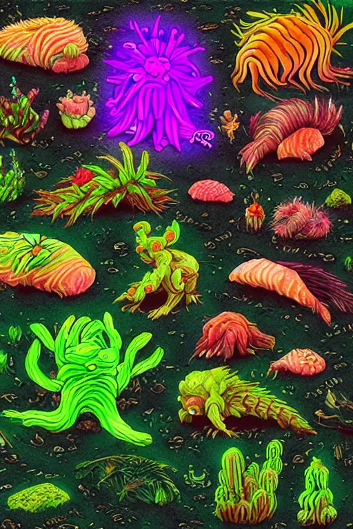 Image similar to creature sushi roots cactus elemental flush of force nature micro world fluo light deepdream