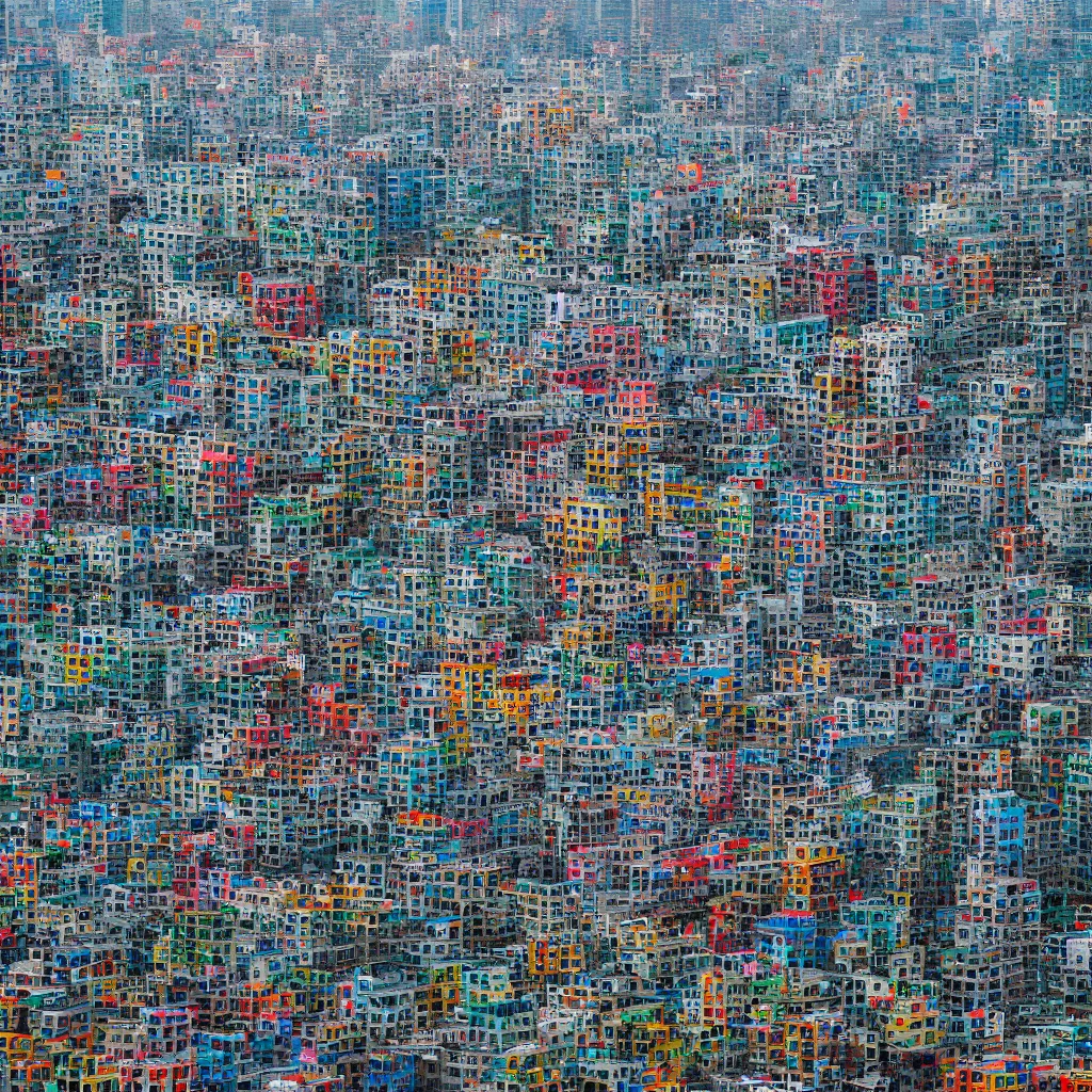 Image similar to a circular tower, made up of colourful makeshift squatter shacks in city downtown, dystopia, sony a 7 r 3, f 1 1, fully frontal view, ultra detailed, photographed by andreas gursky,