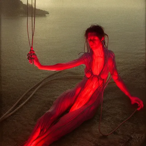 Image similar to evil, shore of the lake, woman, wrapped around by tubes and cables, short black curly hair, glowing red, by edgar maxence and ross tran, zdzisław beksinski, and michael whelan, distant, gustav dore, h. r. giger, 8 k, octane render