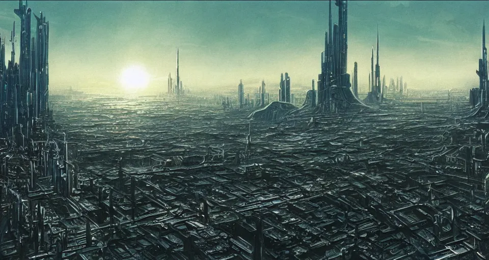 Prompt: view on futuristic city in the horizon, illustration by les edwards, detailed, sharp, masterpiece, 8 k