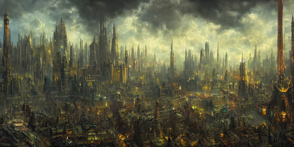 Prompt: breathtaking detailed concept art painting of fantasy city, ornate background, by james gurney, extremely moody lighting, 8 k