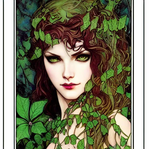 Image similar to a beautiful and detailed magic the gathering card of a seductive poison ivy as an elf druid, dark eyeliner, intricate, elegant, highly detailed, digital painting, artstation, concept art, matte, sharp focus, illustration, art by rebecca guay and by arthur rackham and by alphonse mucha and by john william waterhouse
