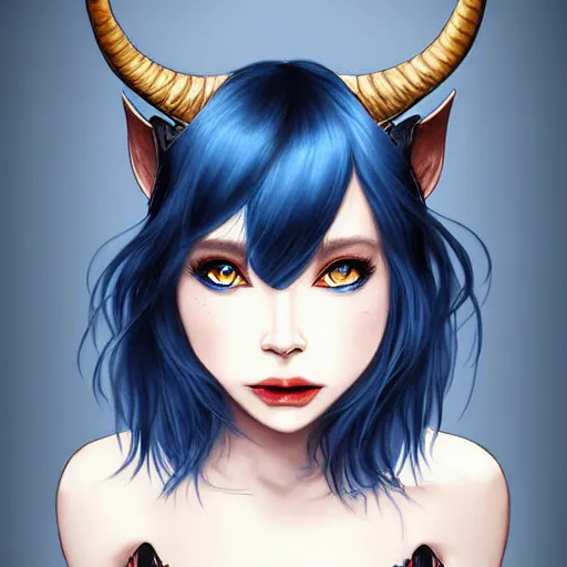 Image similar to illustrated realistic portrait female ram-horned kobold blue hair with black evil devil eyes wearing strap leather armor by rossdraws