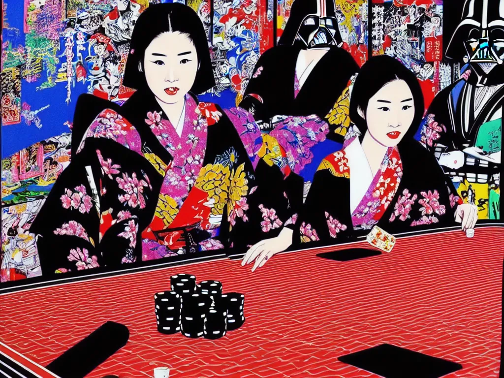 Image similar to hyperrealism composition of the detailed woman in a japanese kimono sitting at an extremely detailed poker table with darth vader, fireworks on the background, pop - art style, jacky tsai style, andy warhol style, acrylic on canvas