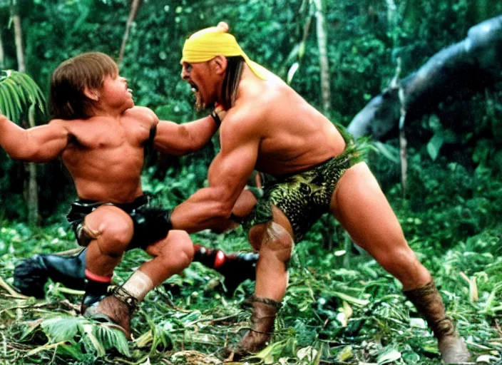 Image similar to hulk hogan wrestling warwick davis in a jungle, movie still, an explosion is in the background, 8 k, realistic