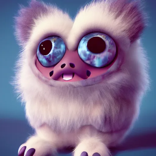 Prompt: small fluffy sad cute monster with big eyes, lsd - color, 3 d, photorealistic, ultra - details, trending on artstation