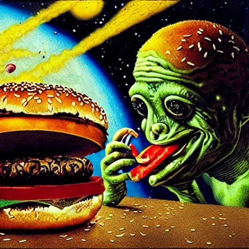 Image similar to a man with a frog head eating cheeseburger in front of devastating broken building in space, by by otto dix, junji ito, hr ginger, jan svankmeyer, beksinski, claymation, hyperrealistic aesthetic, masterpiece