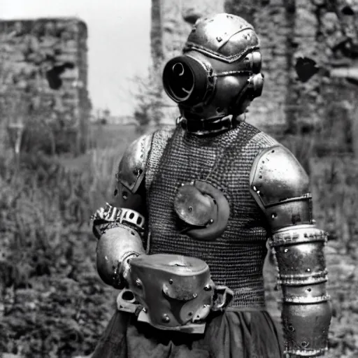 Prompt: a man wearing armor made of gasmasks, film still, arriflex 3 5