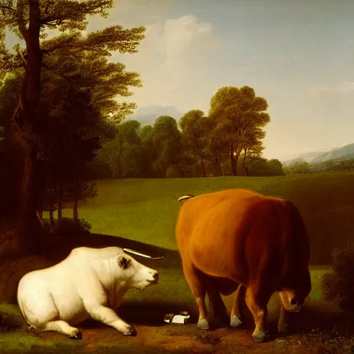 Prompt: a painting of a bull and a bear having a staring contest in the meadow, by George Stubbs, 1787