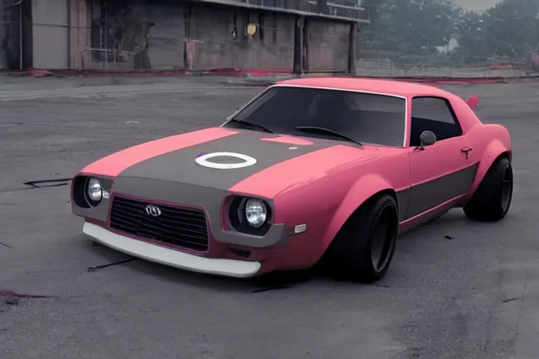 Image similar to widebody audi camaro b 1 ( 1 9 6 9 ), need for speed : carbon, at night, sci - fi, neon lines, phonk music background, smoke behind wheels, noise, dark, establishing shot, by simon stalenhag