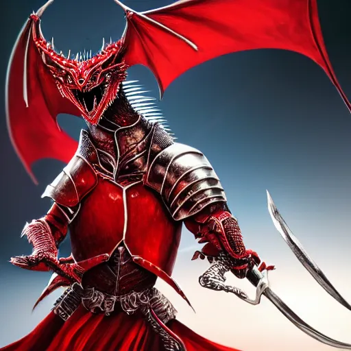 Image similar to a knight wearing full red armor, in the style of a dragon, spikes, wielding a whip, ultra realism, high detail, bokeh