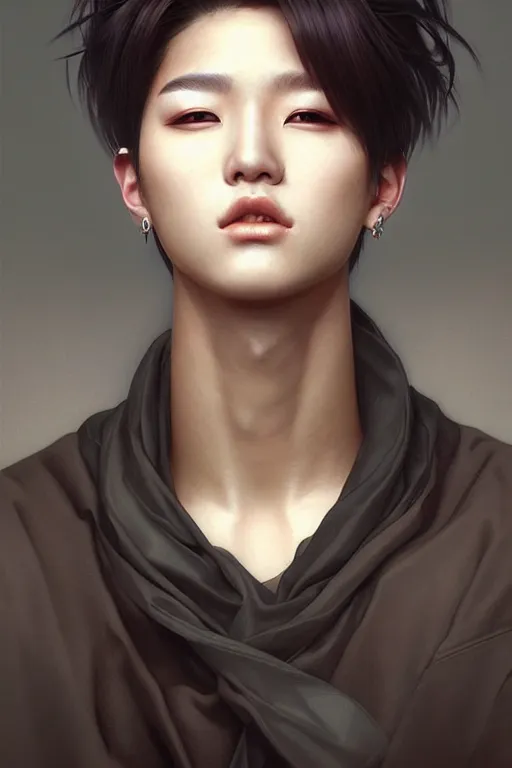 Image similar to photorealistic portrait of a young butch kpop woman, handsome, female, masculine, upper body, fantasy, fierce, sharp features, intricate, elegant, highly detailed, digital painting, artstation, concept art, matte, sharp focus, illustration, art by artgerm and greg rutkowski and alphonse mucha