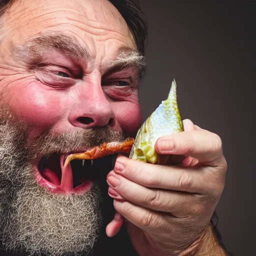 Image similar to close up shot of brian blessed swallowing a fish whole. photography, photographic