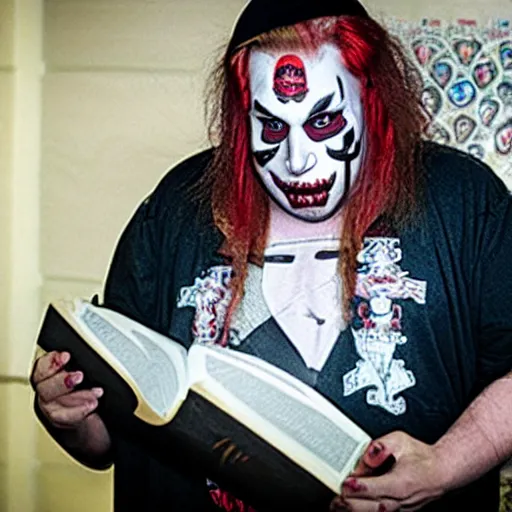 Prompt: Portrait Photograph of a religious Juggalo reading the Bible