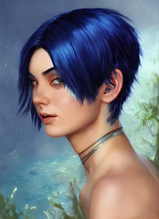 Image similar to girl with black and blue hair, pixie haircut, beautiful highly detailed face, complementary lighting, backlit, eyeshadow, grinning, adventure, alluring gaze, dramatic lighting, landscape background, beautiful painting by artgerm and greg rutkowski and raymond swanland