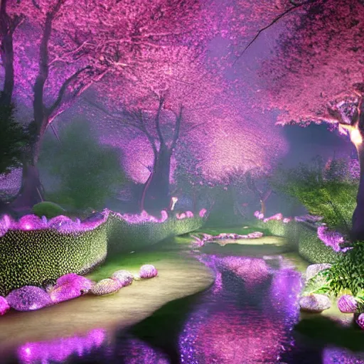 Image similar to photorealistic beautiful cherry blossom forest with paper lanterns illuminating the stone pathway. hyperdetailed photorealism, 1 0 8 megapixels, river, amazing depth, glowing rich colors, powerful imagery, psychedelic overtones, 3 d finalrender, 3 d shading, cinematic lighting, artstation concept art