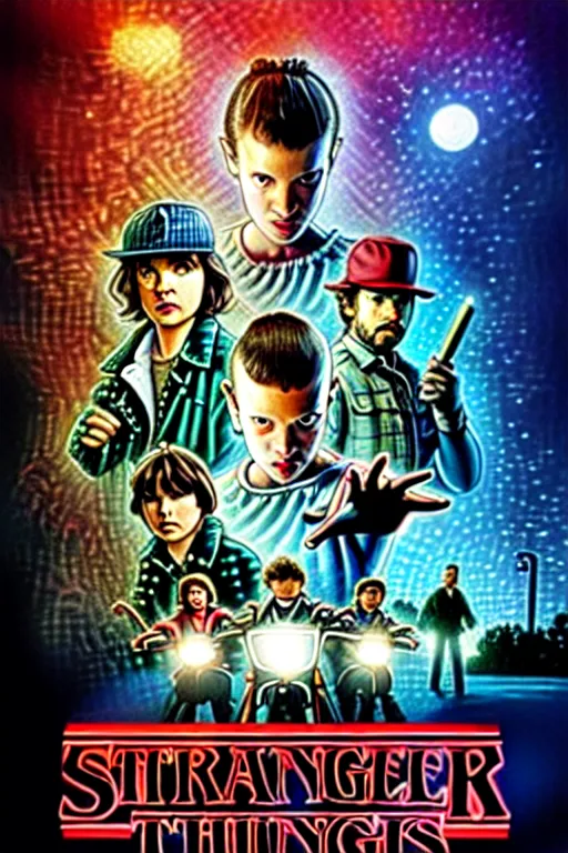 Image similar to Stranger Things Season 5 alternate poster, high resolution, hyper detailed, intricate, photorealistic, all cast members, netfilx !n-9