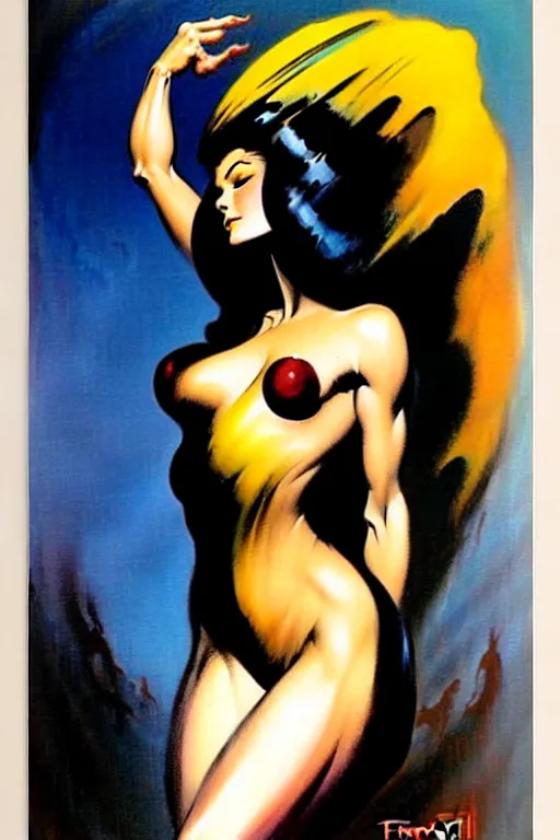 Image similar to beautiful woman by frank frazetta painted over a print of abstract suprematic painting