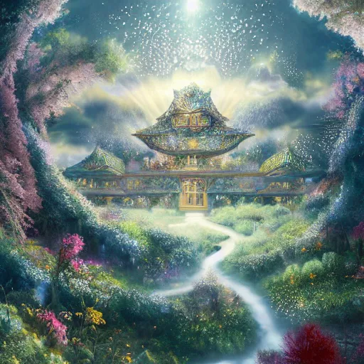 Image similar to dreamy landscape in an ornate baroque aya takano-inspired dream palace sparkle courtyard overgrown with metallic blender renders of falling iridescent flower petals, gorgeous cloud-structures surrounded by cute forest scenery with various futuristic exobiome-related plants, iridescent pixiv scenery artwork ornated by gold-trimmed nature, beautiful surrealism oil painting, trending on artstation