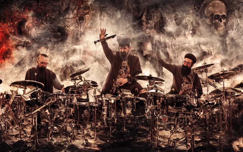 Image similar to khamenei playing drums in heavy metal band in hell hanged, corded, bodies hanged in horizon, skulls around, high definition, trending on artstation, unreal engine, photorealistic, high resolution,, trending on deviantart, hdr, hyper detailed, insane details, intricate, elite, ornate, elegant, luxury, dramatic lighting