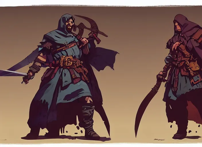 Prompt: character design, idle, colored, sword, sprite, darkest dungeon, pc game, sideview, art by moebius and greg rutkowski, artgerm