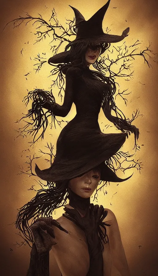 Image similar to black elegant, golden leaves at frame border, creative!!! composition for a book cover!!!, absurdly beautiful, ultrafine hyperrealistic detailed old witch face by wlop and artgerm and greg rutkowski, intricate linework, sharp focus, smooth, octopath traveler, final fantasy, unreal engine, dramatic lighting, ethereal, 8 k