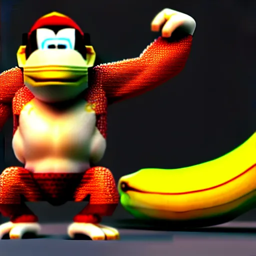 Image similar to Donkey Kong. A banana on the ground, Donkey Kong is standing on the banana. 3D render